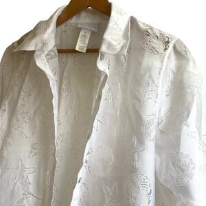 Alfred Dunner Sea Shell Beachy Print White Poplin Button Down Shirt Medium